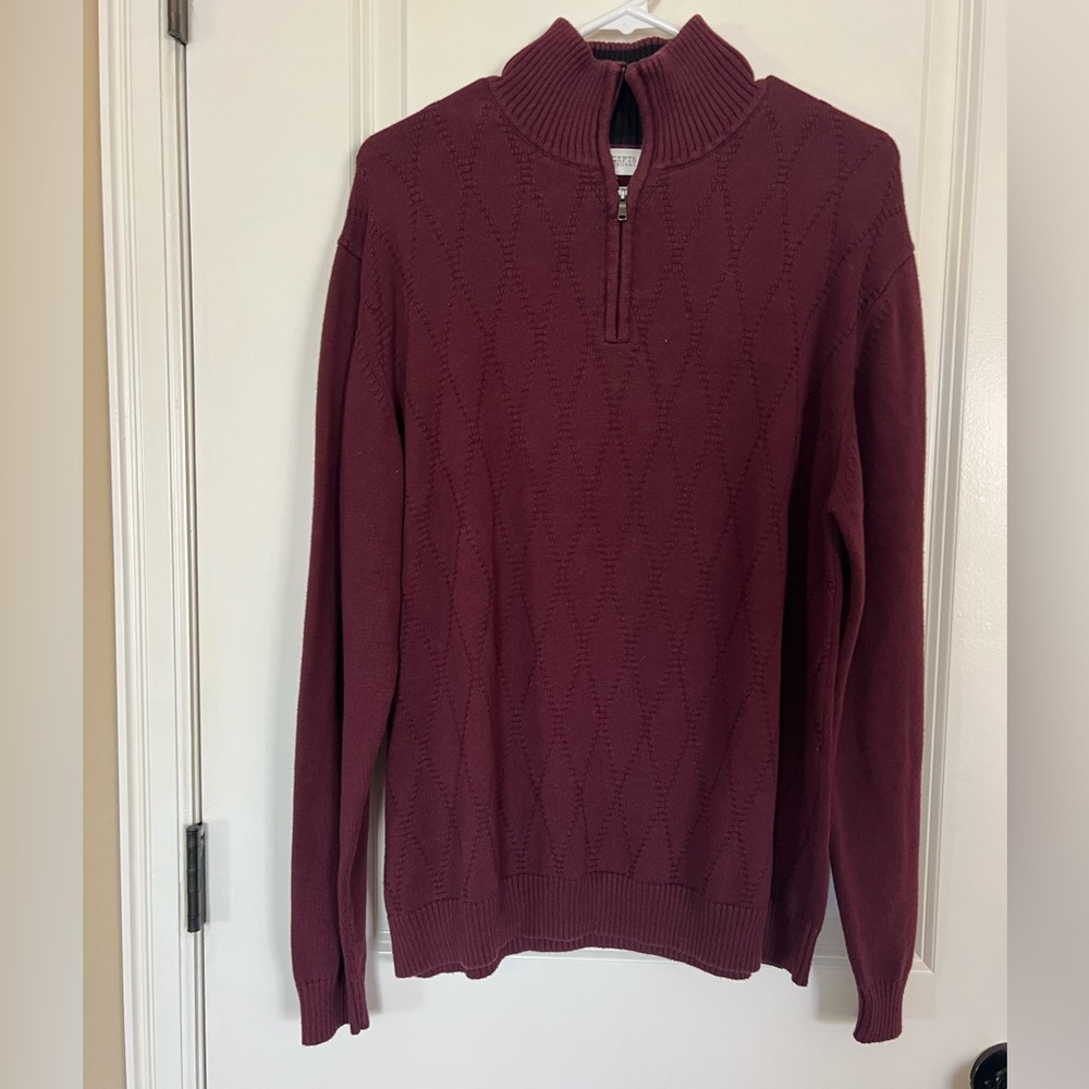 Men’s Burgundy Knit Quarter Zip Long Sleeve Sweater